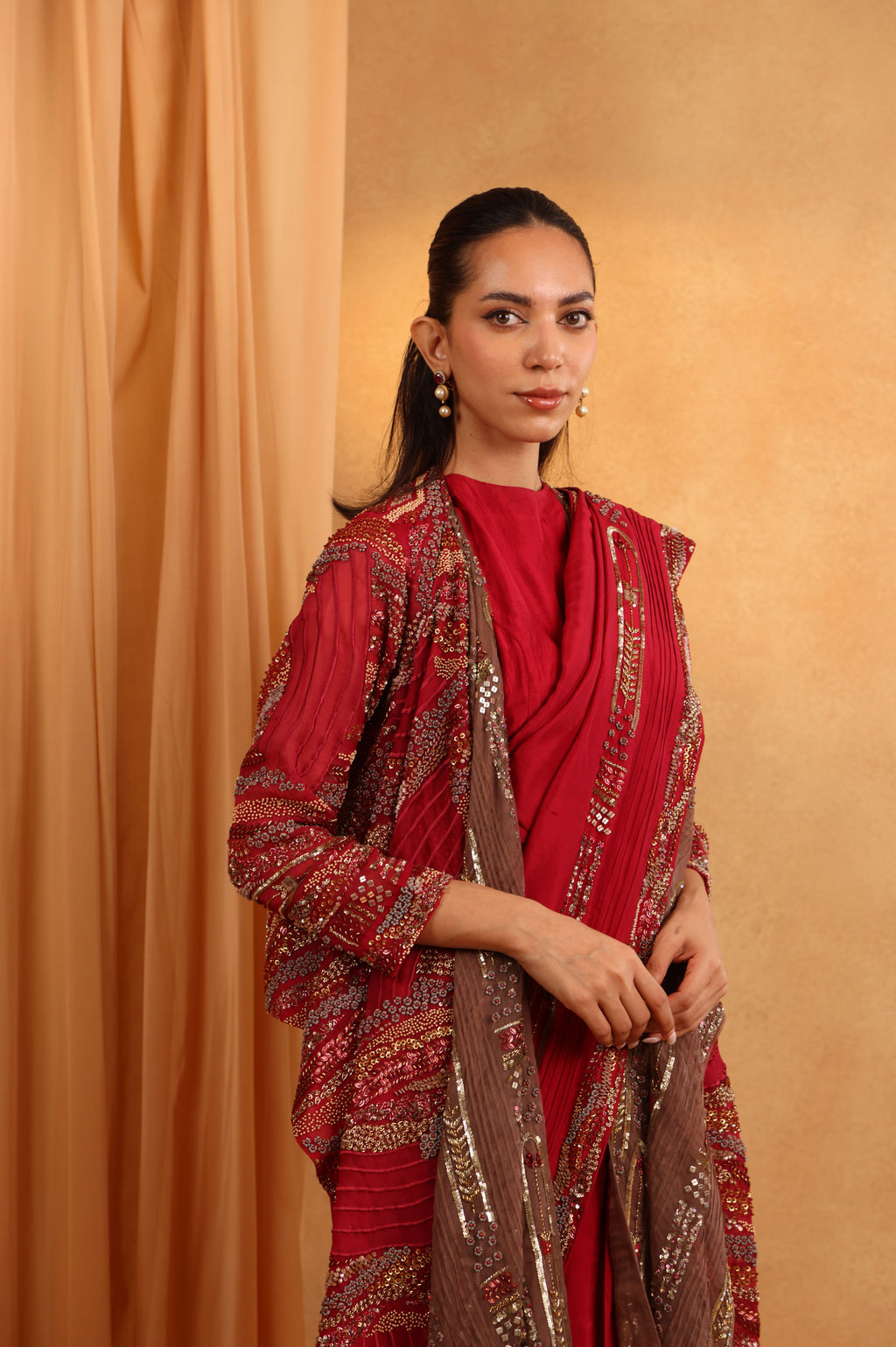 Watermelon Brown Indo-Western Saree Set