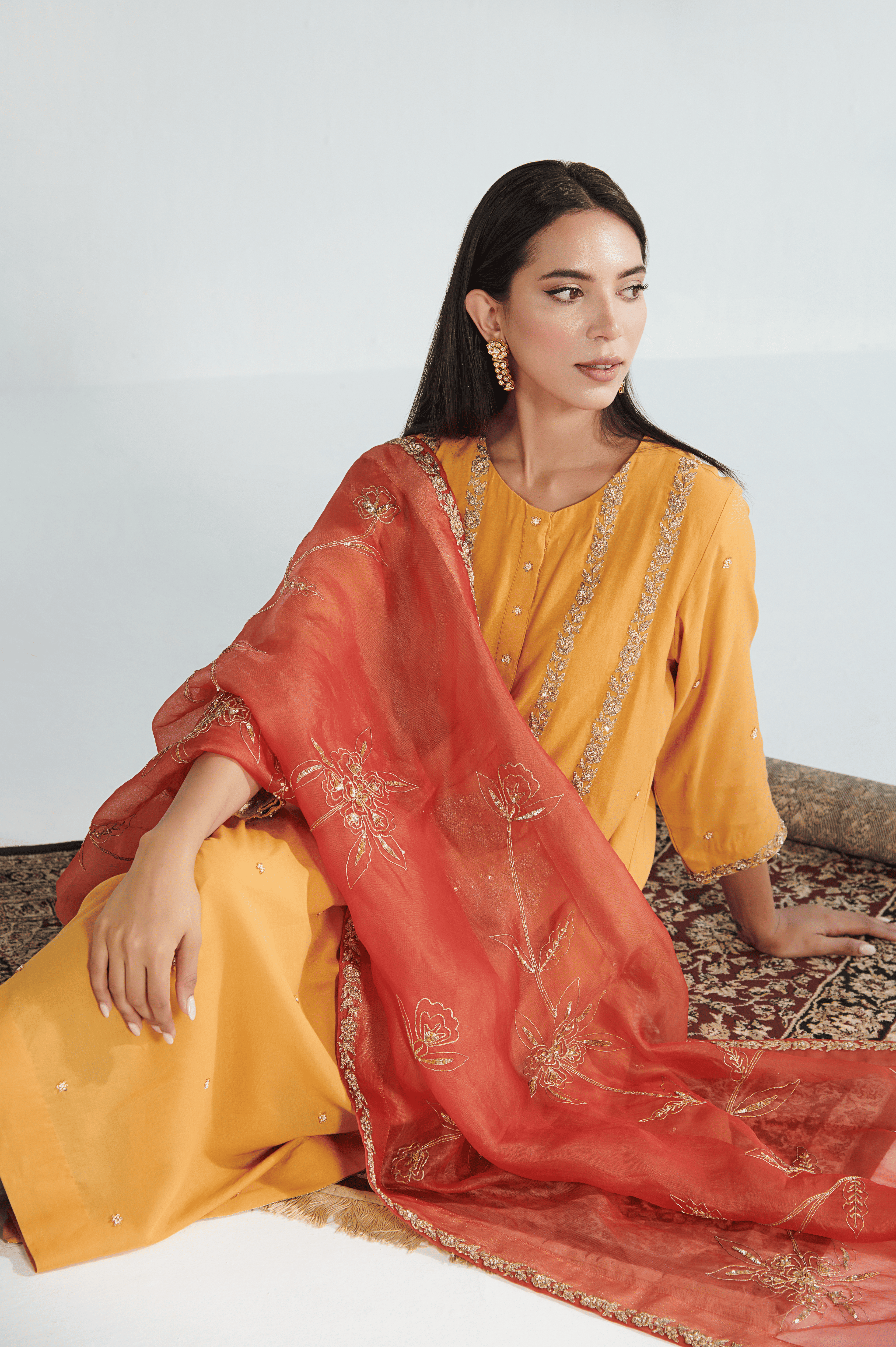 Mustard Bloom Embroidered Churidaar Set