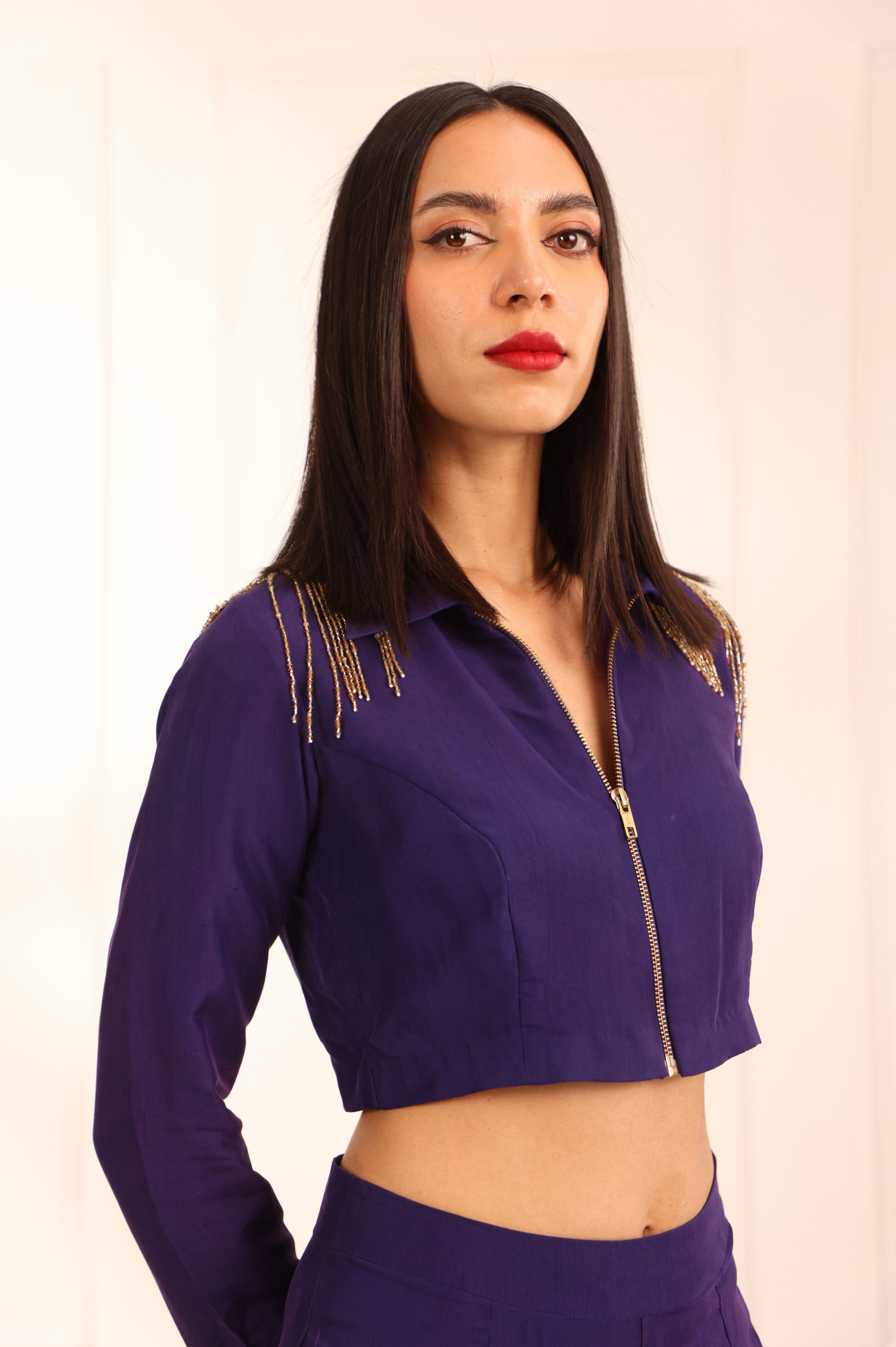 Cobalt Blue Silk Crop Top Set