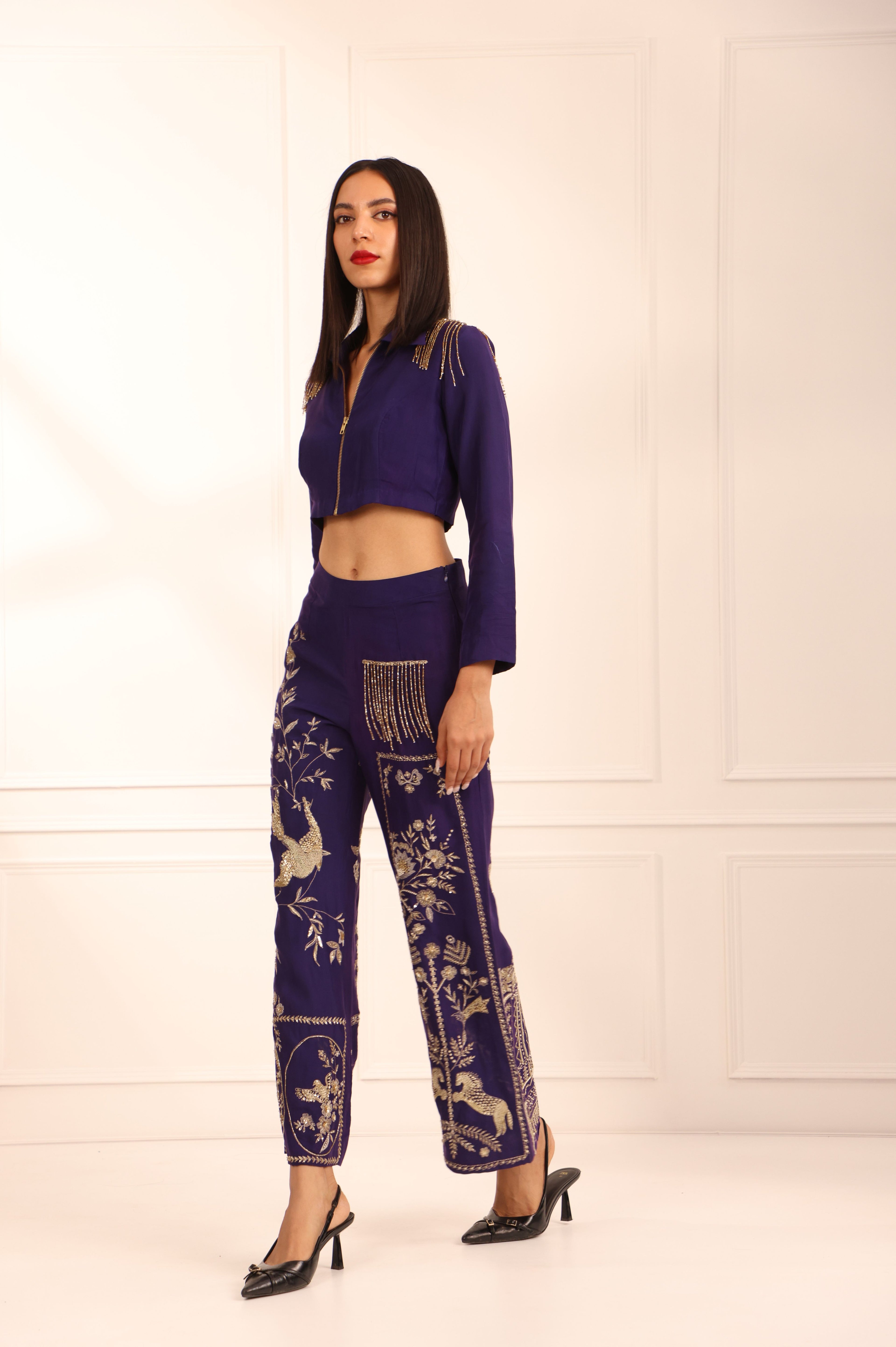 Cobalt Blue Silk Crop Top Set