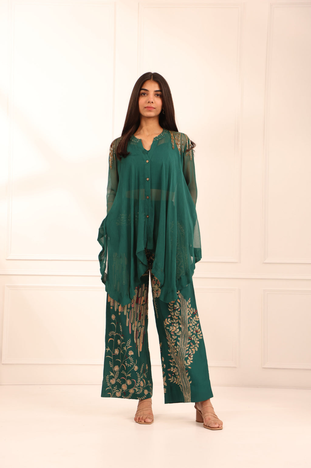 Dark Green Silk Crop Top Set