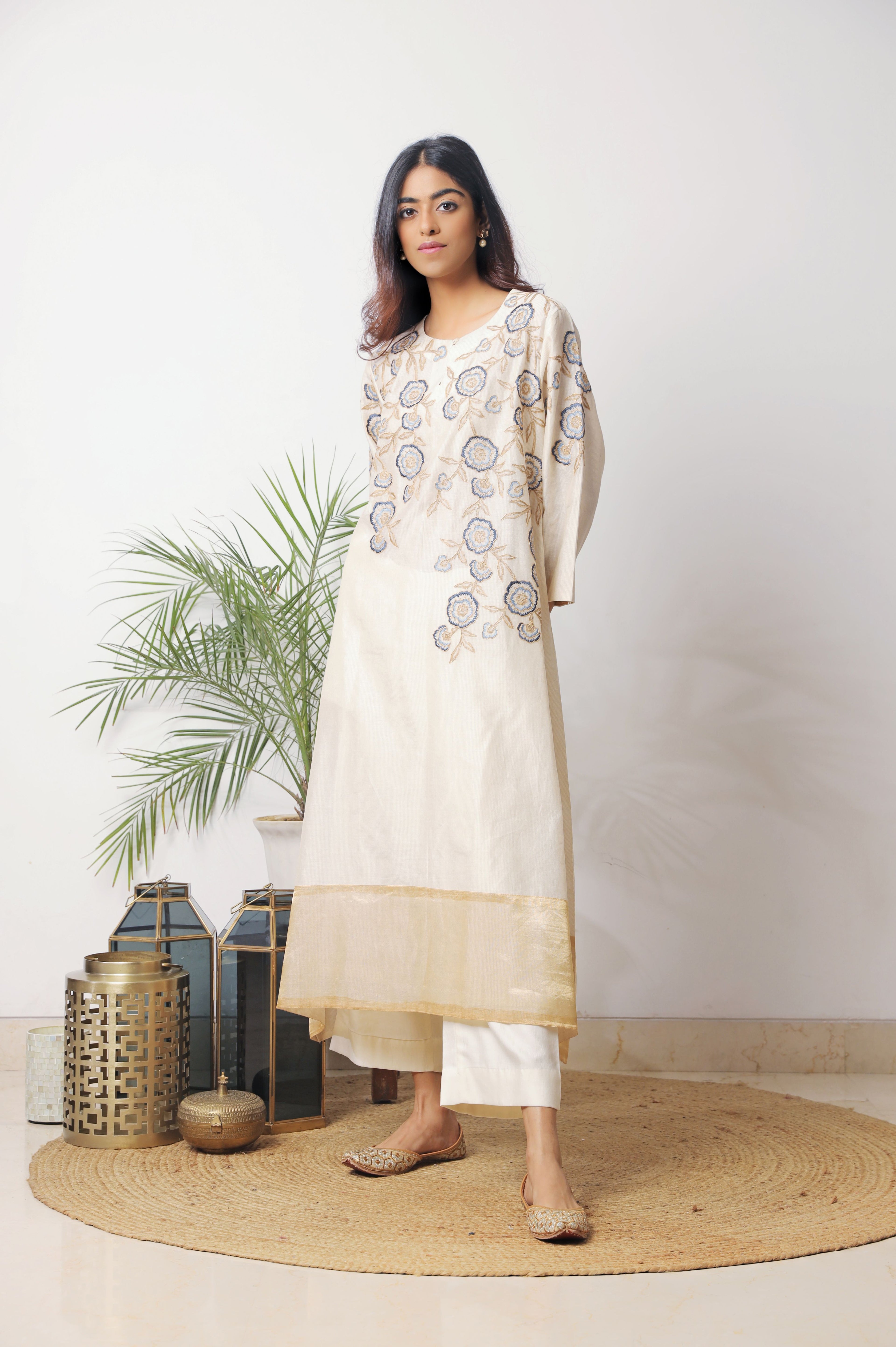Off White Self Chanderi Kurta Set