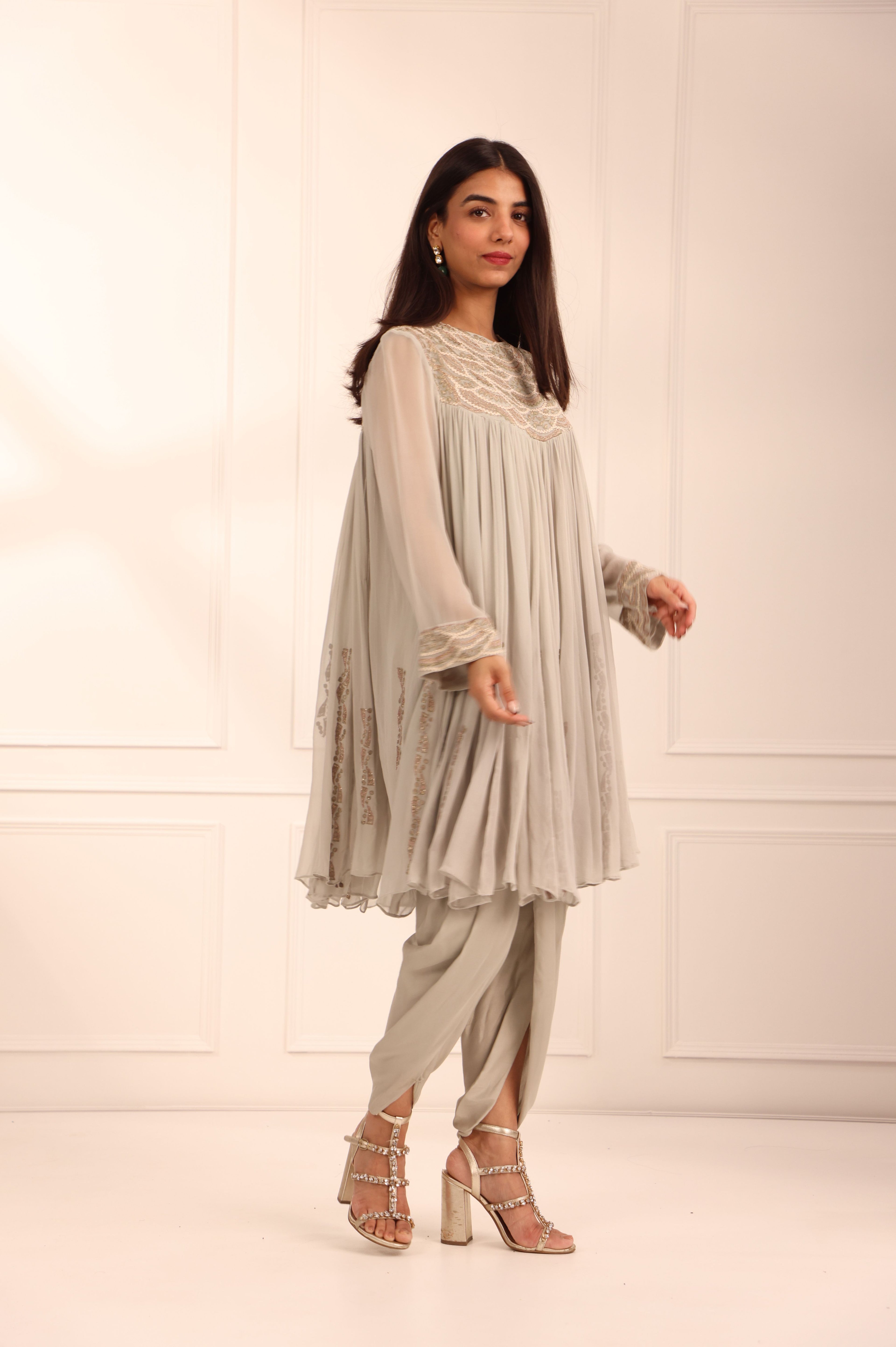 Grey Georgette Short Shirt & Dhoti Set