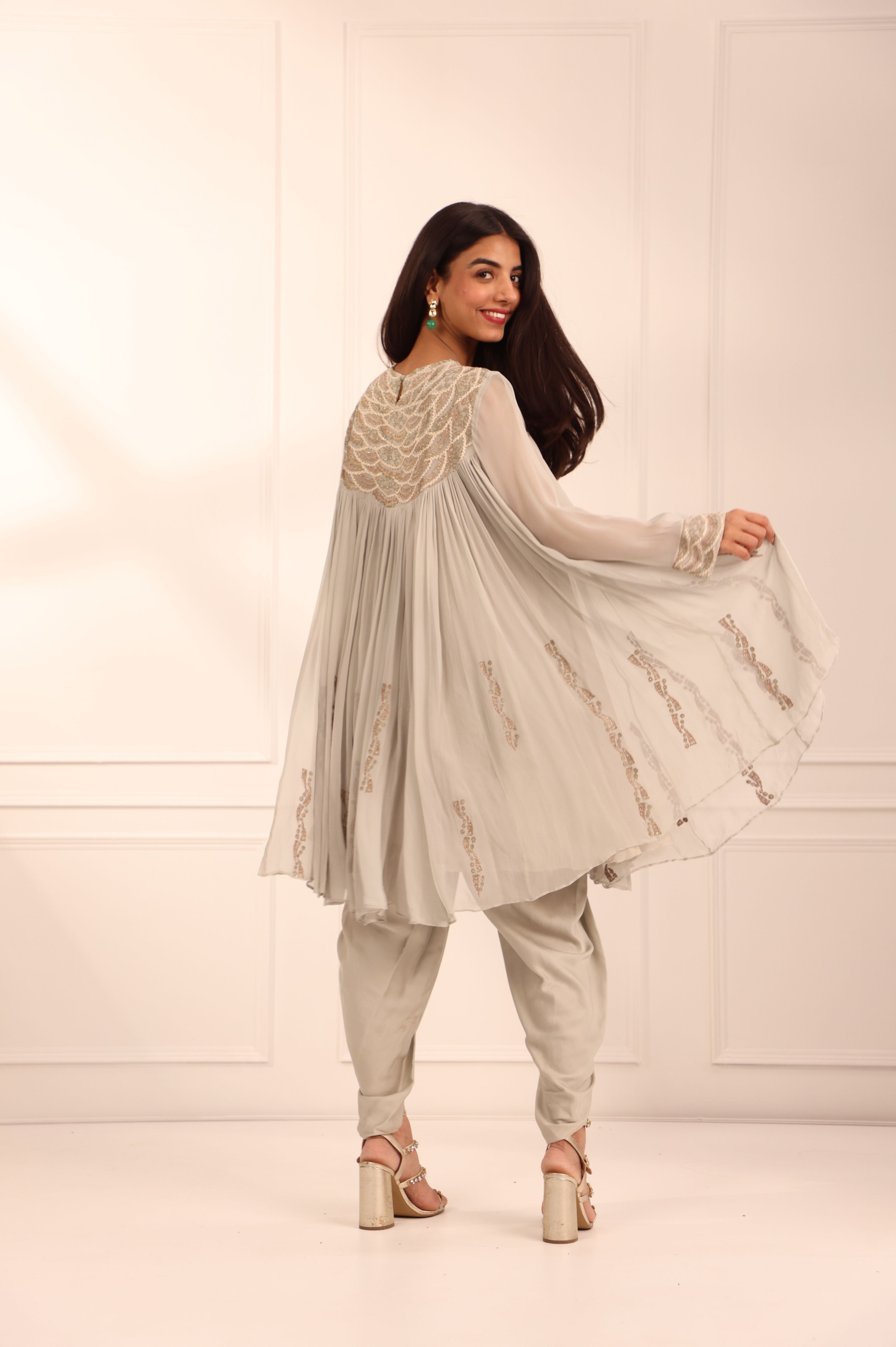 Grey Georgette Short Shirt & Dhoti Set