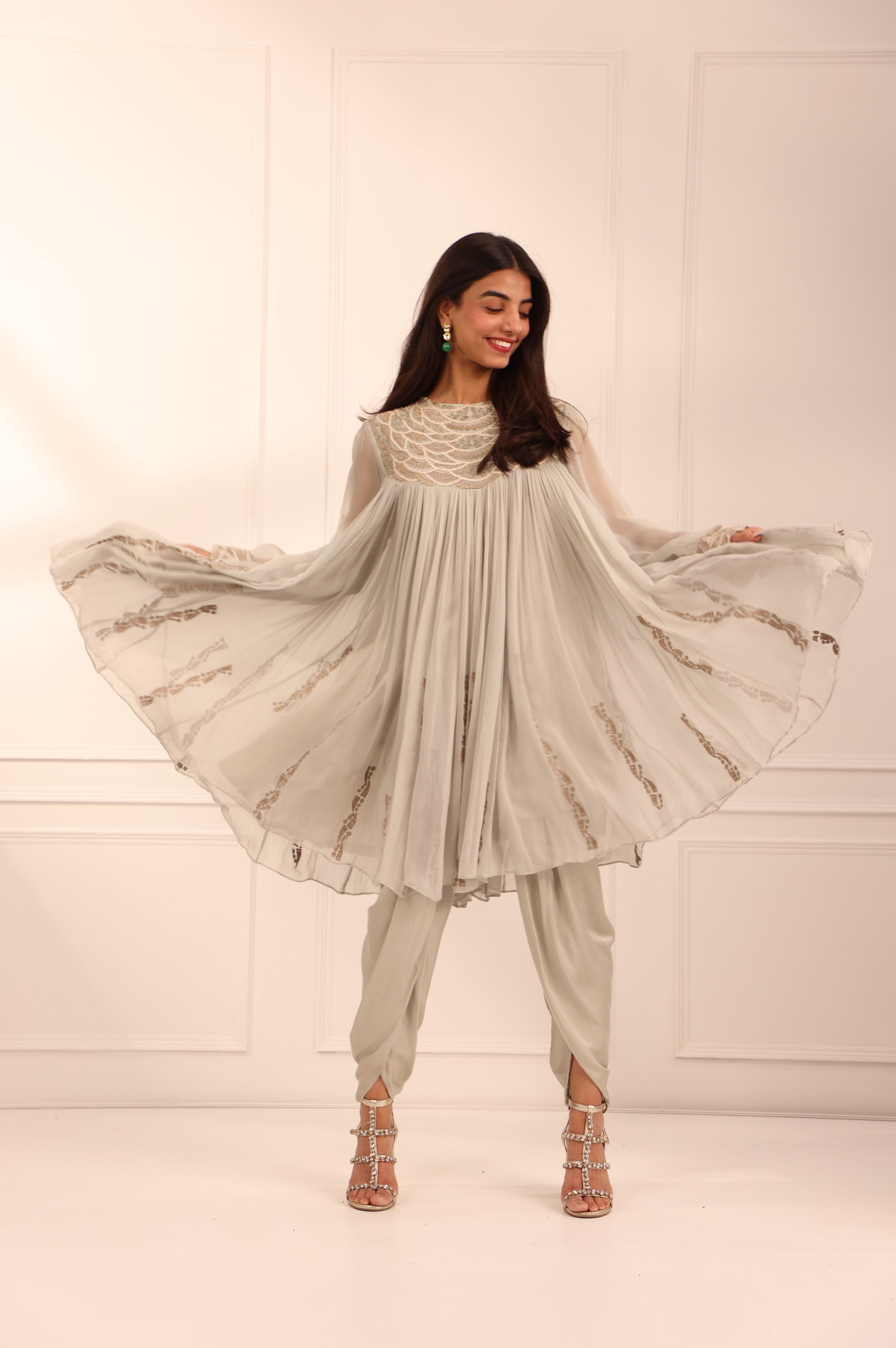 Grey Georgette Short Shirt & Dhoti Set